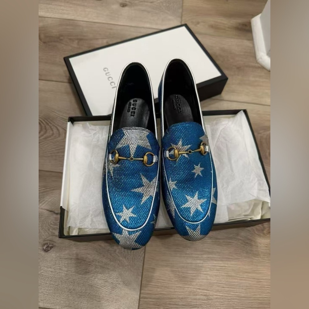 Authentic Gucci Blue Silver Starry Sky Print Lurex Jordaan Loafer Size 39 NIB